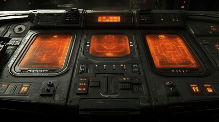 Futuristic cockpit console panel with glowing orange displays and buttons.