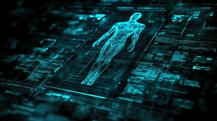 Futuristic digital human body scan on a screen with data.