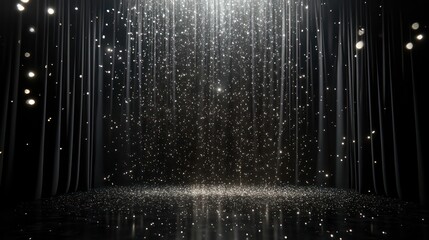 black stgae showcase with white light and silver glittering lights on black curtain background in da