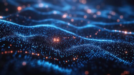 Blue binary code background with glowing lights and data flowing, technology concept