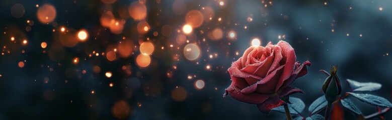 Wall Mural - Red rose against a blurred background with bokeh, Valentine panoramic mock-up