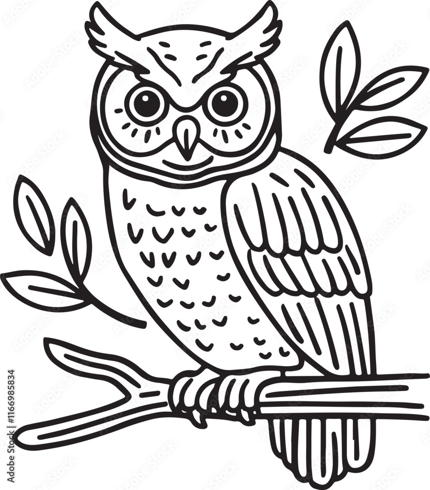 Owl Branch Line Art Coloring Page Vector Illustration Graphic Stock ...