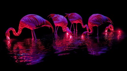 Poster - Glowing pink flamingos feeding at night, reflected in dark water.