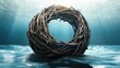 © Waraporn - Surreal and minimalist abstract sculpture of a sphere made of twigs and branches floating submerged in a tranquil reflective pool of water  Conceptual and calming nature inspired underwater landscape