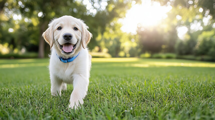 Sticker - golden retriever puppy joyfully running in sunlit park