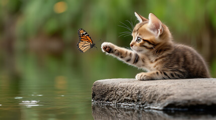 Wall Mural - playful kitten reaching for butterfly near serene water body