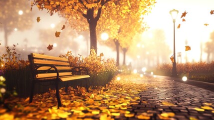 Wall Mural - Serene autumn park scene with a wooden bench, fallen leaves, and a sunlit path.