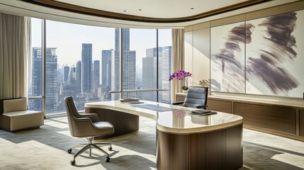 Poster - Modern corner office with panoramic city view, large desk, and comfortable seating.