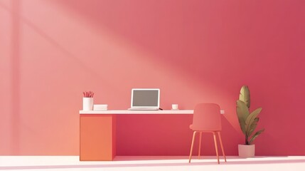 Wall Mural - Minimalist home office with coral wall, desk, laptop, chair, and plant.