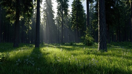 Wall Mural - A forest with a lot of trees and grass