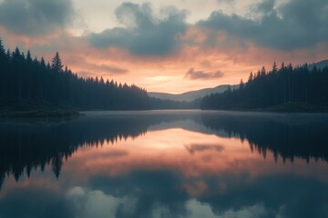 Wall Mural - A serene lake reflecting the colorful sky at sunset, surrounded by a dense pine forest and distant mountains. The water is calm, with reflections of clouds and trees creating an idyllic scene that cap