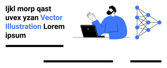 Man working on laptop next to geometric network graphic and random text. Ideal for business presentations, tech blogs, educational content, online courses, startup websites, digital marketing