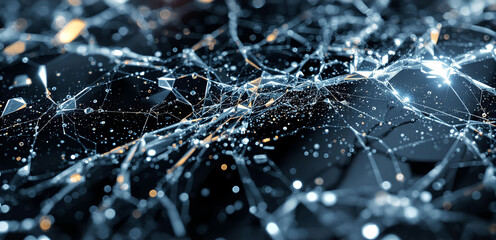 Fototapete -  dark, abstract visual with intricate, spider-like web-like structures in various shades of blue and white. There are also some bright, pointed elements scattered throughout the image, giving it a fut