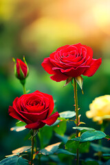 Wall Mural - Beautiful red roses blooming in the sunset-lit garden