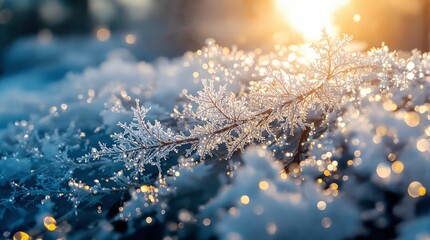 Fototapete - close-up view of frost or ice crystals on a plant stem, with sunlight shining through, creating a sparkling effect with bokeh.