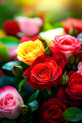 Wall Mural - Charming red and yellow roses at sunset in spring garden.