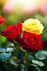 Wall Mural - Stunning red and yellow roses in a summer garden at sunset, Copy space.