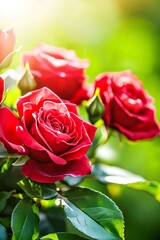 Wall Mural - Vibrant red roses in bloom during sunset in summer garden.