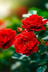 Wall Mural - Lush red roses blooming in the evening sun in the garden.