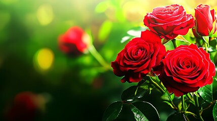 Wall Mural - Radiant red roses in spring garden bathed in sunset light, ideal for a summer banner with copy space.