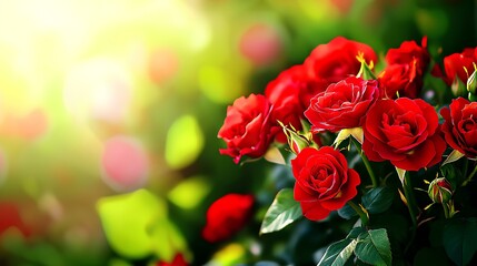 Wall Mural - Red roses blooming in spring garden under setting sun, perfect for summer banner with copy space.