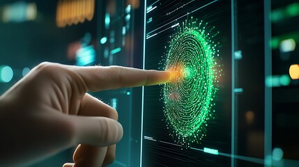 Wall Mural - health info records digital. a hand interacts with a digital interface, highlighting a glowing green