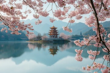 Wall Mural - A serene scene of Mount Fuji with cherry blossoms in full bloom, the iconic mountain visible against a clear blue sky, and the lake's reflection adding to its beauty. The image captures the delicate 