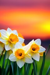 Wall Mural - White daffodils glowing in the spring sunset, making a beautiful banner with copy space.