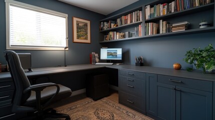 Poster - Modern home office with L-shaped desk, built-in shelves, and window.