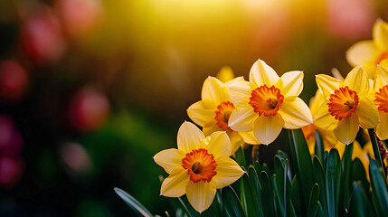 Wall Mural - Radiant yellow daffodils in spring garden bathed in sunset light, ideal for a spring banner with copy space.