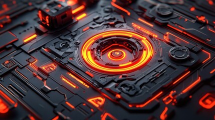 Wall Mural - Futuristic red glowing tech circuit board detail.