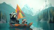 © milenialdesastudio - Bear and raccoon friends sail a paper boat on a calm lake surrounded by majestic mountains and lush forests.