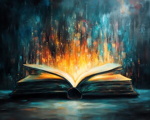 Poster - Open book with a glowing, mystical light, casting enchanting rays that create a technologyinspired abstract background, blending elements of innovation and creativity