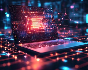 Leinwandbilder - Futuristic laptop set in a dynamic abstract technology scene, featuring interconnected nodes and circuits, representing the digital age of connectivity and innovation