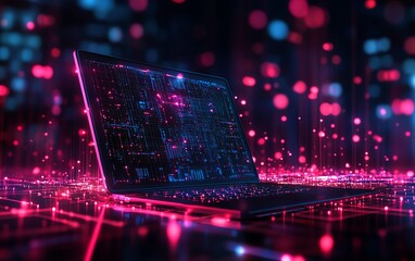 Aufkleber - Laptop against a dynamic abstract technology backdrop, showcasing a network of interconnected circuits and nodes, symbolizing innovation and connectivity in the digital age