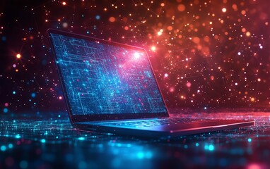 Aufkleber - Laptop against a dynamic abstract technology backdrop, showcasing a network of interconnected circuits and nodes, symbolizing innovation and connectivity in the digital age