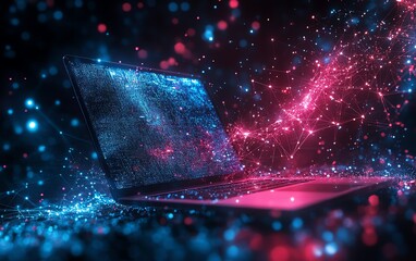 Fototapete - Laptop against an abstract tech background with intricate nodes and circuits, representing the flow of innovation, connectivity, and modern digital networks