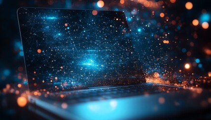 Aufkleber - Modern laptop with a dynamic abstract background, showcasing a network of nodes and circuits, symbolizing connectivity, digital innovation, and technological advancement