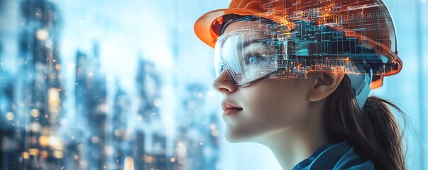 Aufkleber - Futuristic construction engineering concept with a double exposure of engineers working alongside smart industry and technology, representing the next evolution in building design