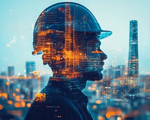 Aufkleber - Innovative vision of building construction engineering, featuring a double exposure of engineers at work and cuttingedge technology, symbolizing the future of smart industry