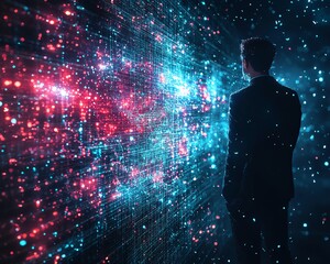 Poster - Abstract technology scene showing a businessman interacting with a global business network and data exchanges in cyberspace, emphasizing the power of big data in the digital age