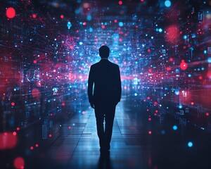 Leinwandbilder - Abstract technology scene showing a businessman interacting with a global business network and data exchanges in cyberspace, emphasizing the power of big data in the digital age