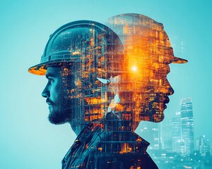 Aufkleber - Double exposure graphic showcasing engineers working in building construction, combined with smart industry technologies, highlighting the future of construction engineering