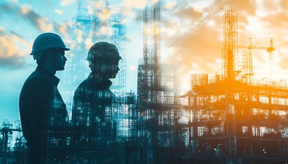 Aufkleber - Double exposure graphic of engineers in building construction, integrated with smart industry technologies, representing the future of engineering and technological advancements