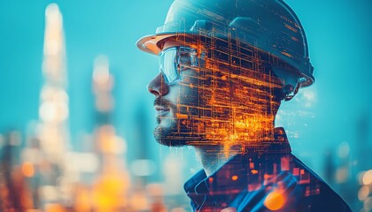 Poster - Double exposure graphic of engineers in building construction, integrated with smart industry technologies, representing the future of engineering and technological advancements