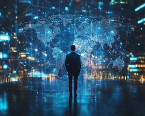 Aufkleber - Futuristic abstract background with a businessman interacting with global business networks and data exchanges