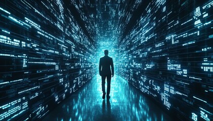 Poster - Futuristic abstract technology background with a businessman navigating global business networks and data exchanges in cyberspace, illustrating the significance of big data