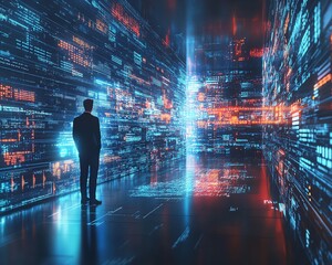 Aufkleber - Futuristic abstract background with a businessman interacting with global business networks and data exchanges