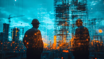 Aufkleber - Futuristic building construction engineering scene with double exposure of engineers at work and advanced smart industry technology, representing innovation in construction