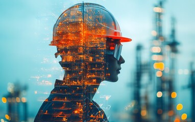 Aufkleber - Futuristic building construction engineering scene with double exposure of engineers at work and advanced smart industry technology, representing innovation in construction